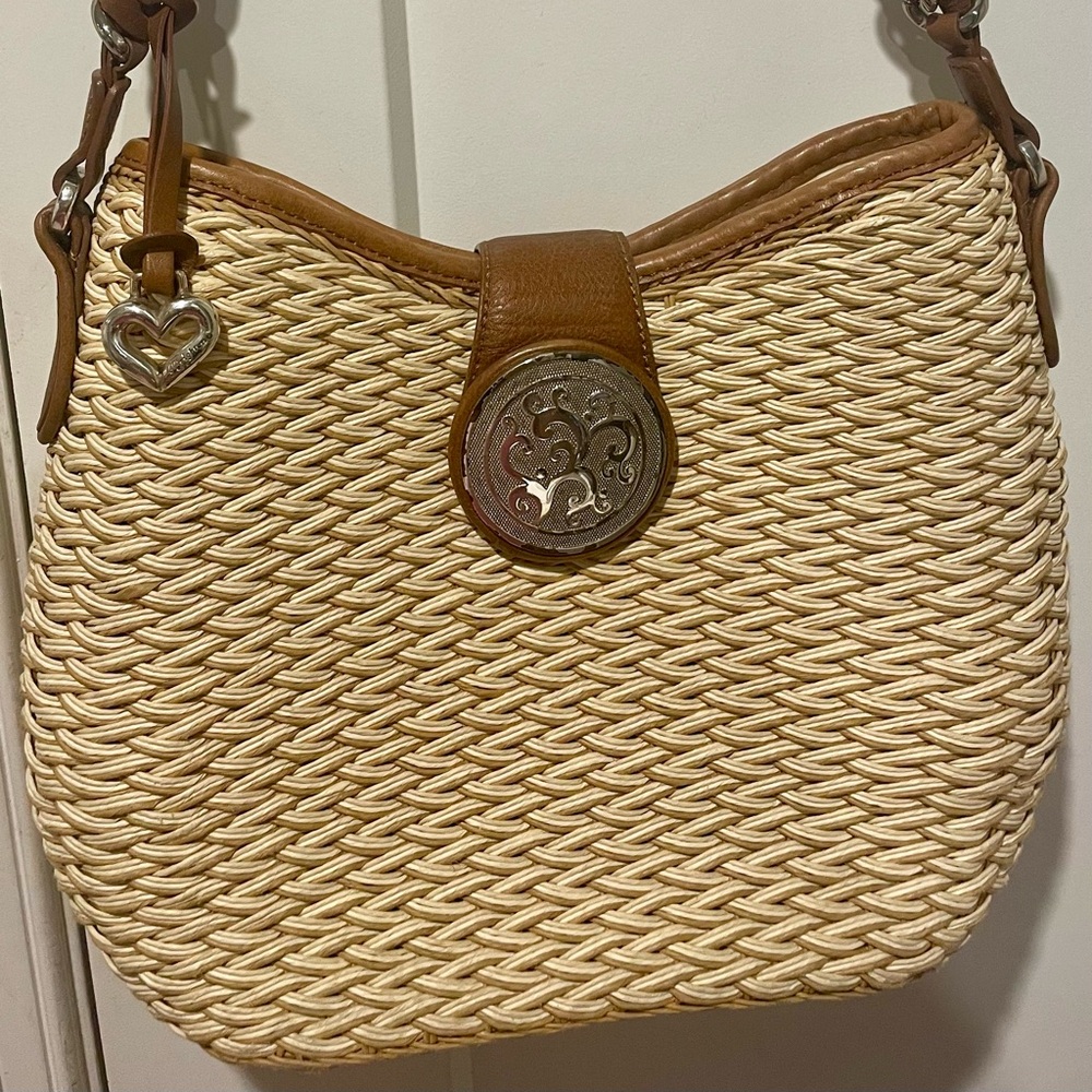 Brighton Cream Woven Shoulder Bag with Brown Leather Trim